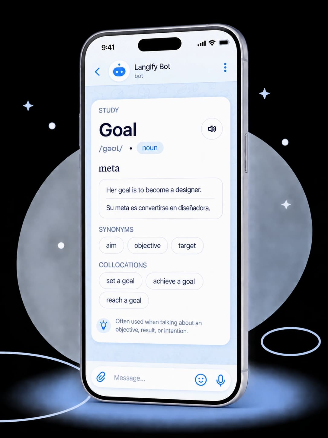 A ready-made word flashcard in the Langify mini app