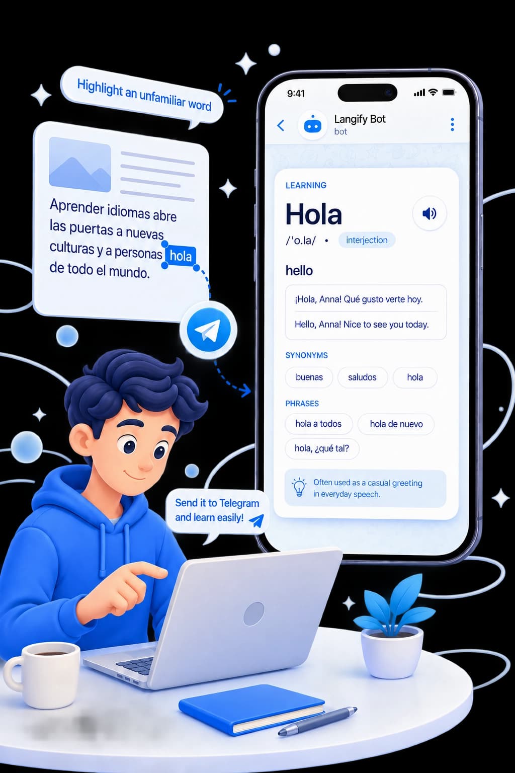 Learning languages with flashcards through Telegram in Langify